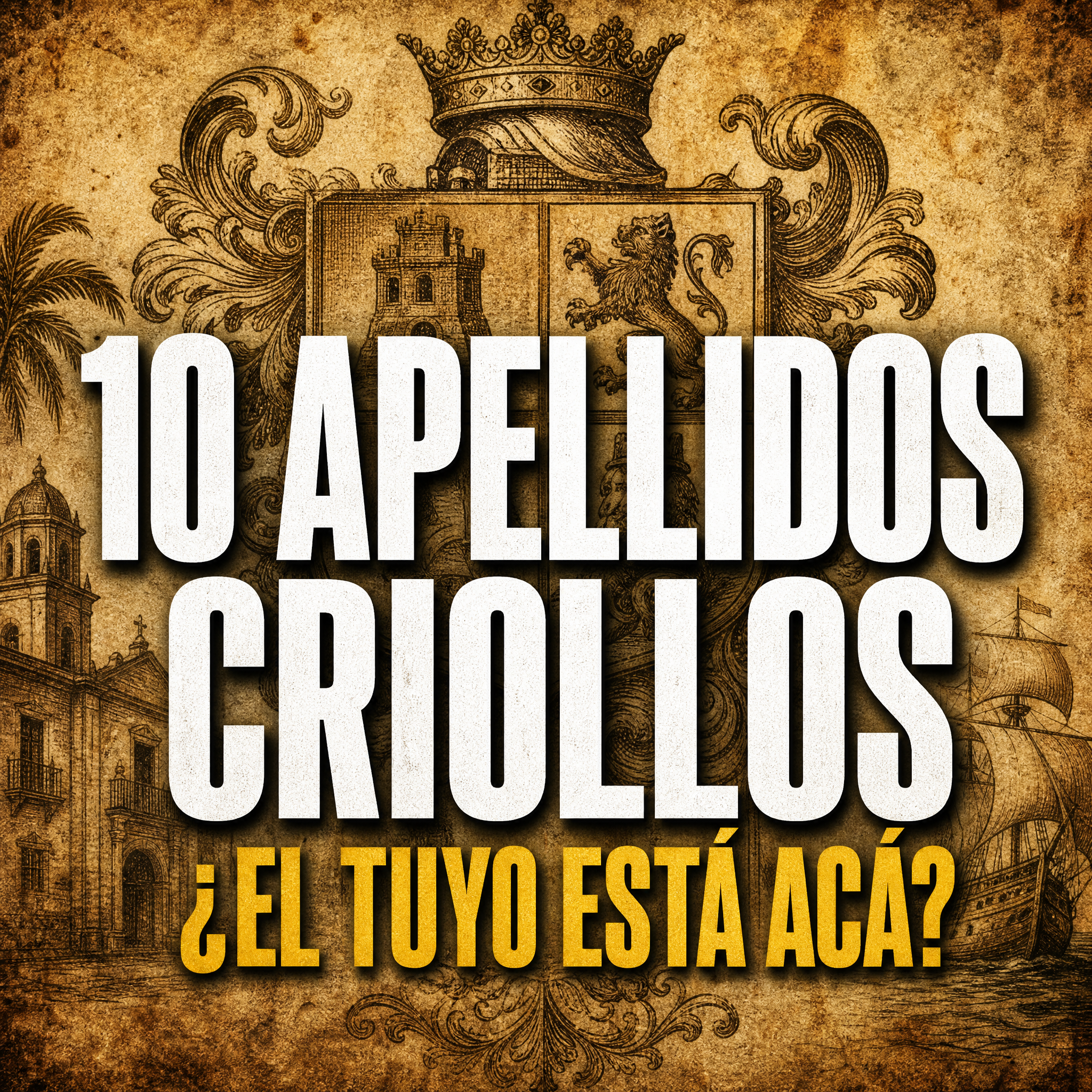 Escudo heráldico antiguo con el texto 10 apellidos criollos, el tuyo está acá