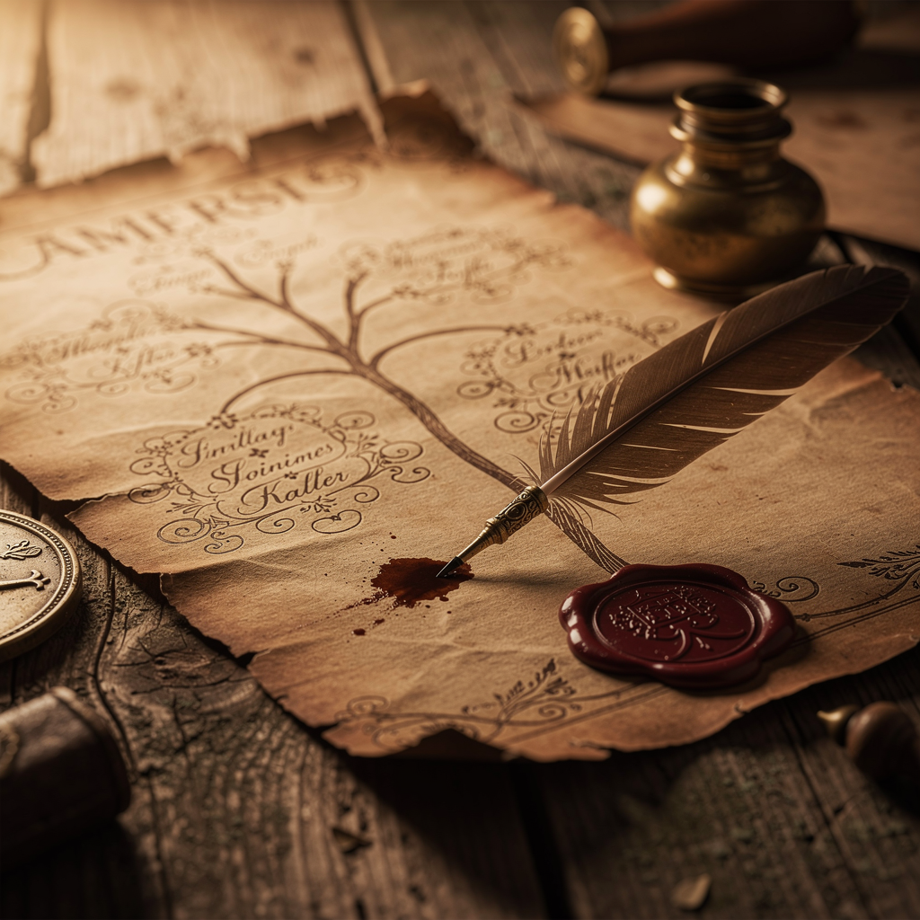 Pergamino antiguo de genealogia con pluma y sello de cera