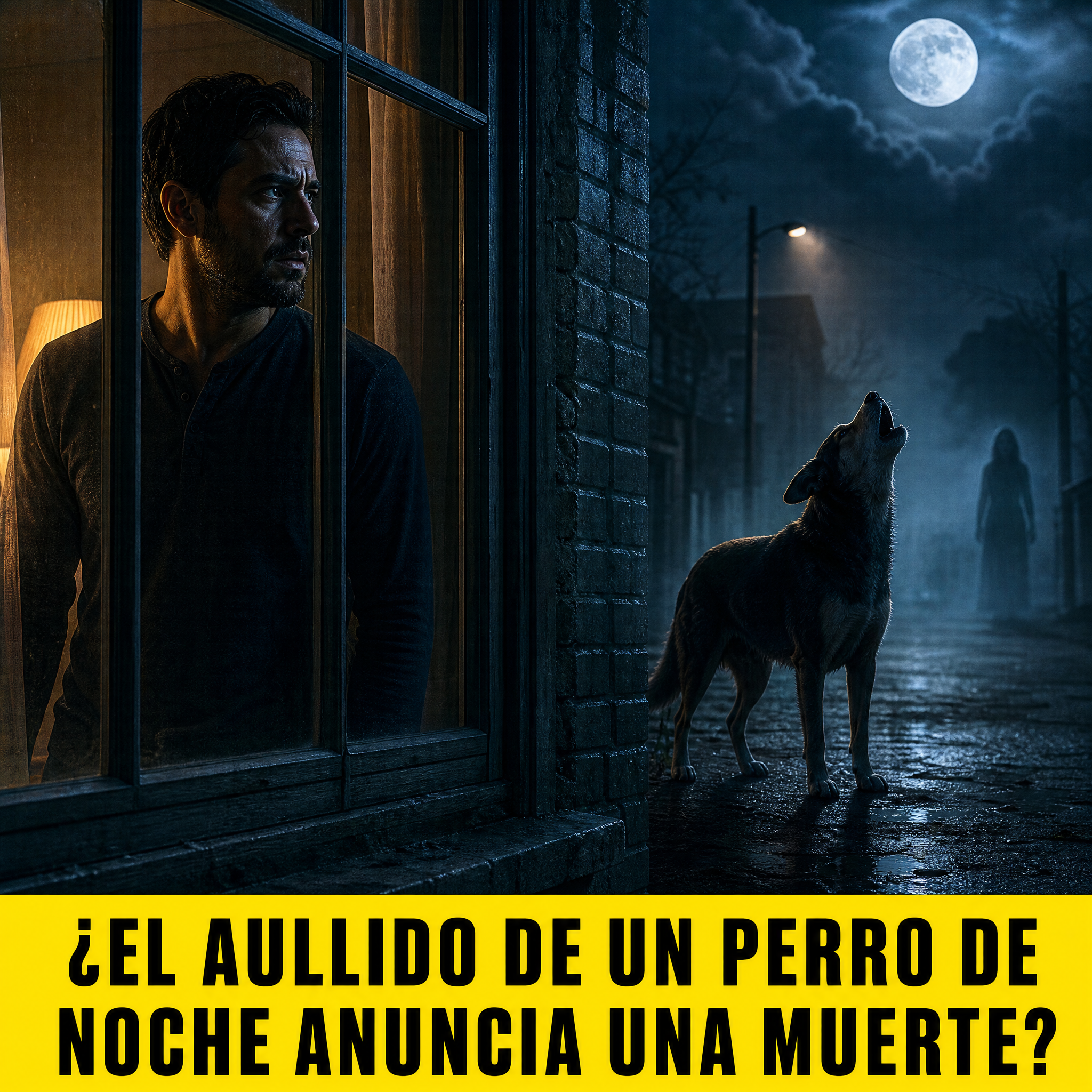 Hombre mirando por la ventana de noche mientras un perro aúlla en la calle, con una silueta espectral a lo lejos