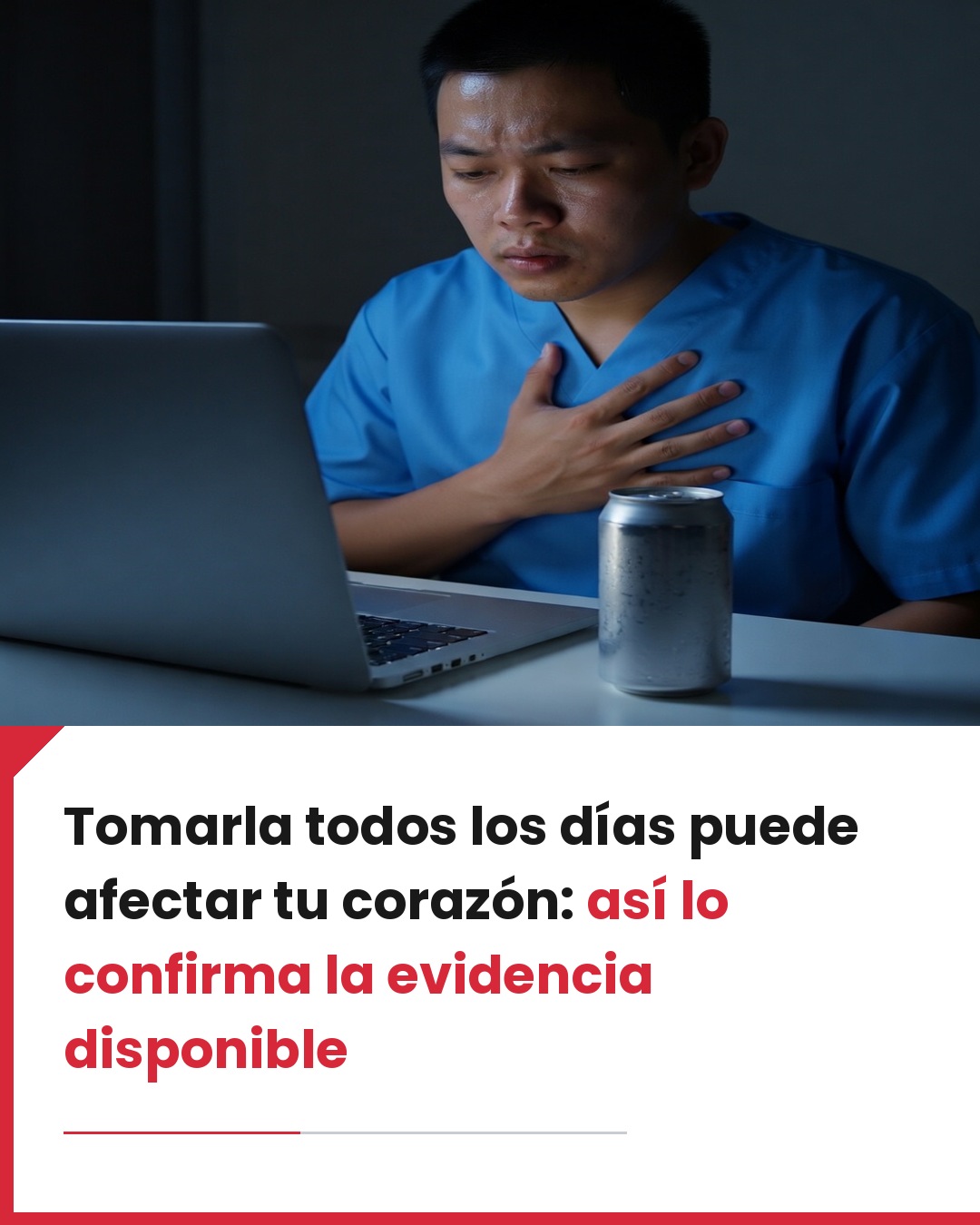 Persona sosteniendo una lata de bebida energizante mientras se toca el pecho con expresión de malestar