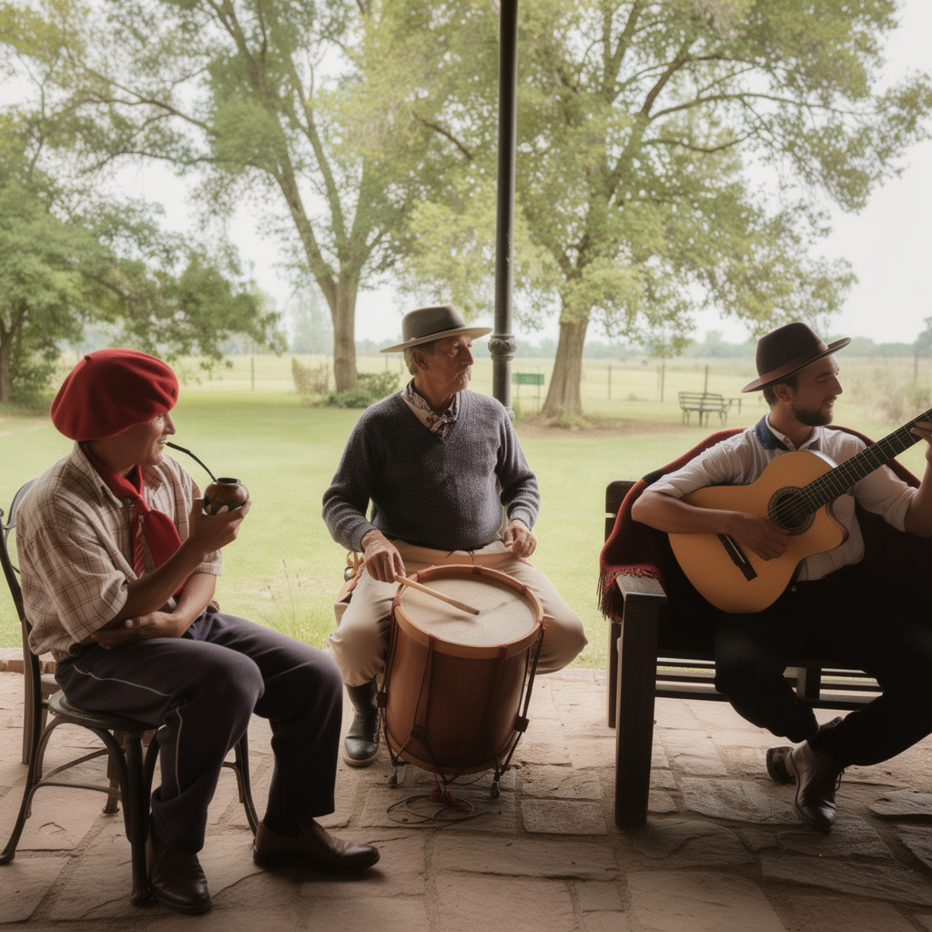Tres músicos gauchos santiagueños en un patio de estancia: uno tomando mate con boina roja, otro tocando el bombo legüero, otro tocando la guitarra criolla