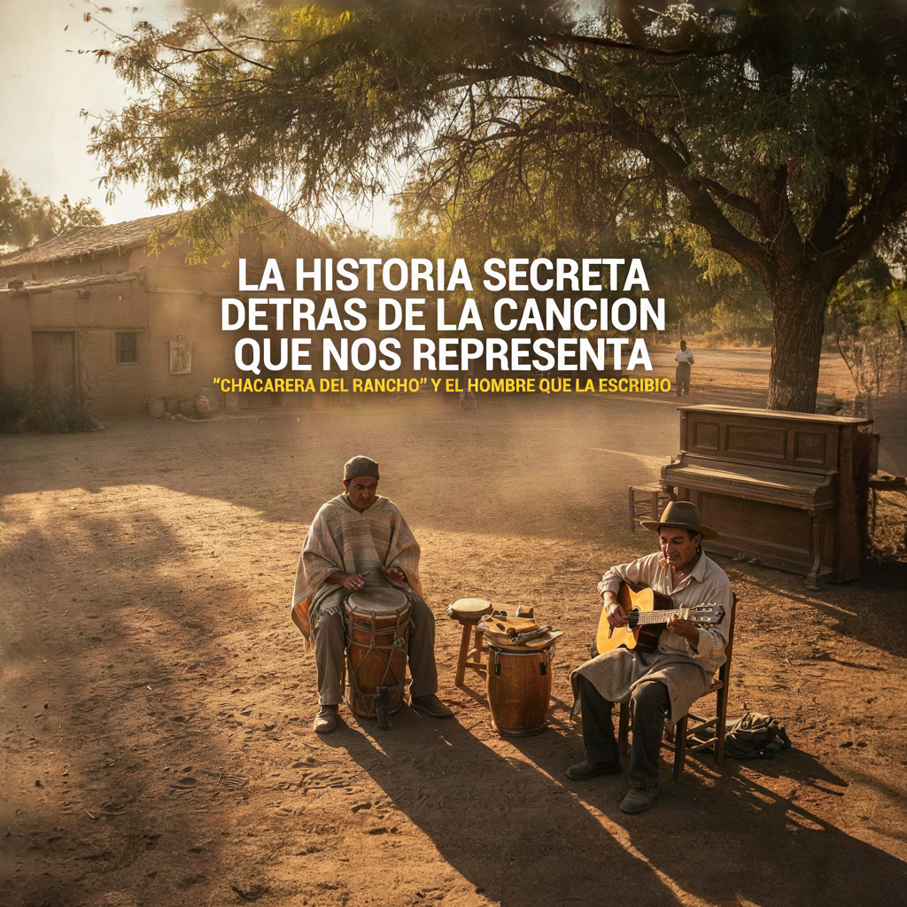 Músicos tocando chacarera en un patio de rancho santiagueño al atardecer