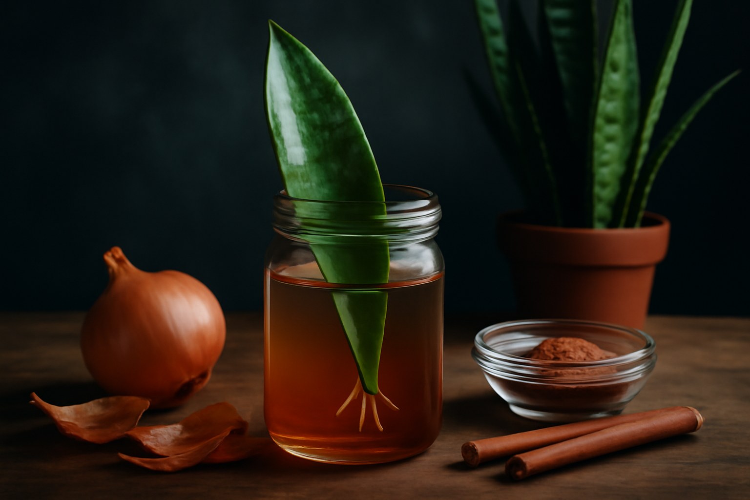 Cómo propagar plantas de serpiente a partir de una sola hoja con agua de cáscara de cebolla y canela