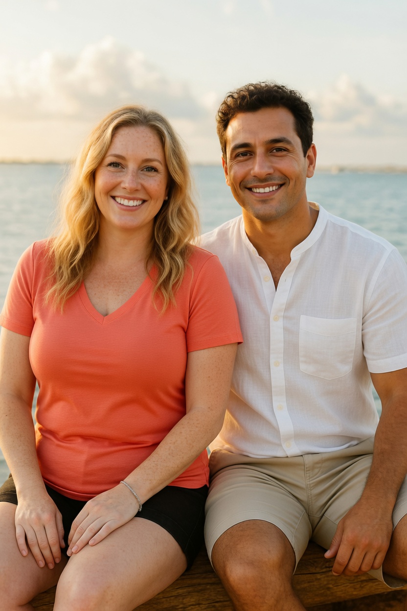 Pareja sentada junto al mar al atardecer, sonriendo