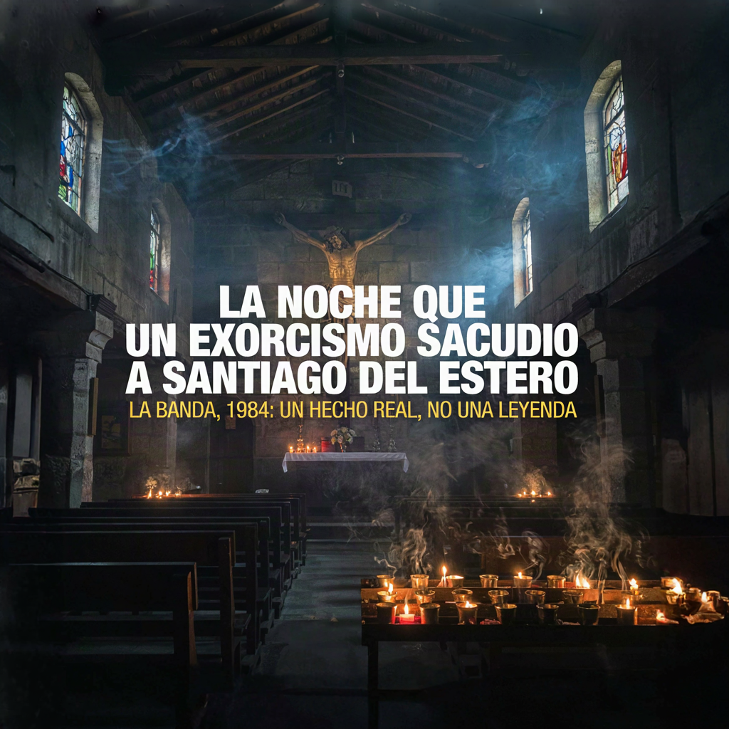 Interior de una iglesia santiagueña de noche, con velas encendidas, ilustración del exorcismo de La Banda de 1984
