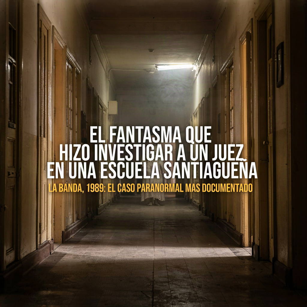 Pasillo oscuro de una escuela con una silueta blanca al fondo, ilustración del caso paranormal de La Banda 1989