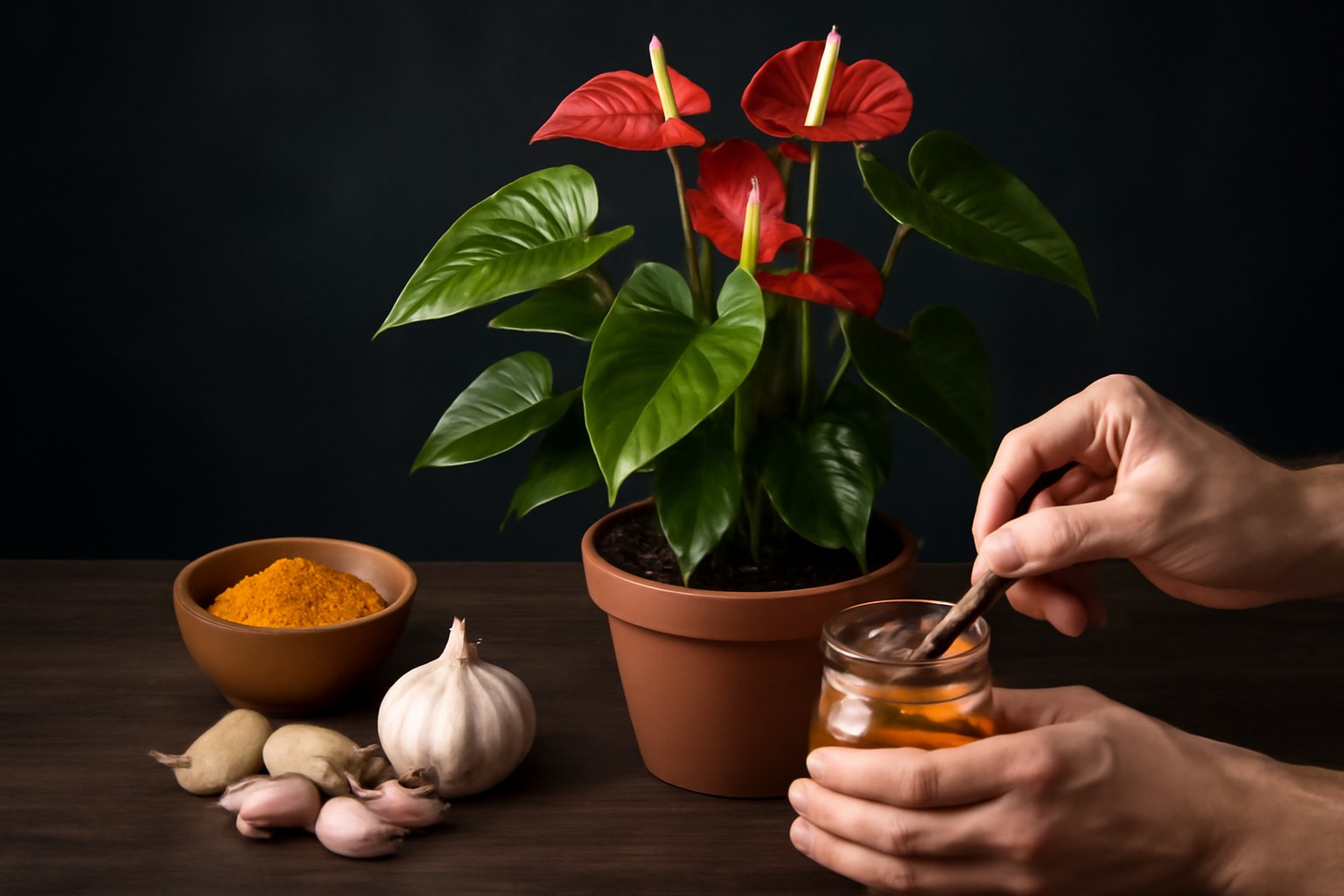 Fertilizante natural de ajo y cúrcuma para anturios: guía casera para hojas brillantes y floración constante