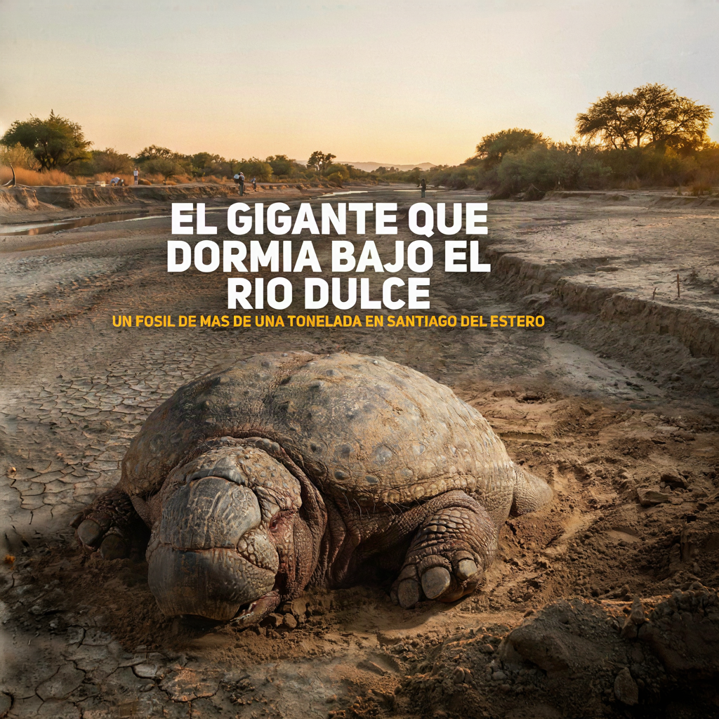 Gliptodonte gigante prehistórico en el lecho del río Dulce, Santiago del Estero