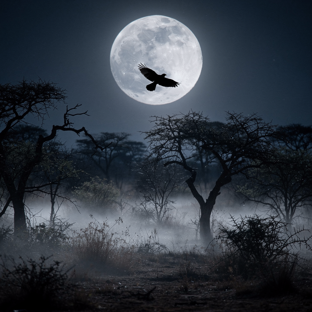 Silueta de un ave volando de noche en el monte santiagueno bajo la luna llena