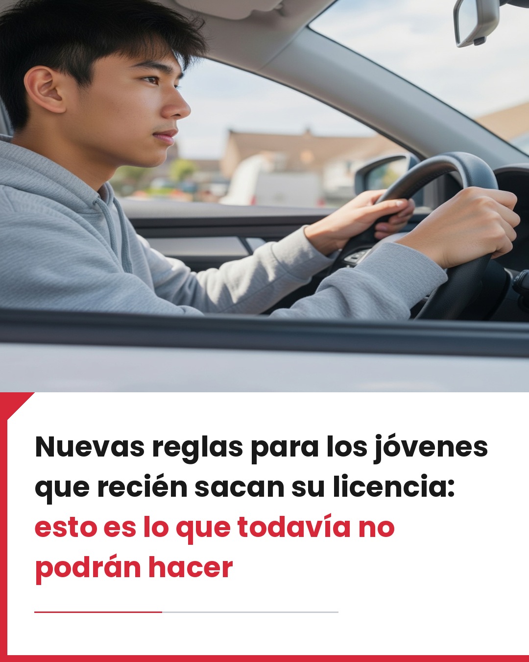 Un joven conduciendo un auto por primera vez, con las manos en el volante