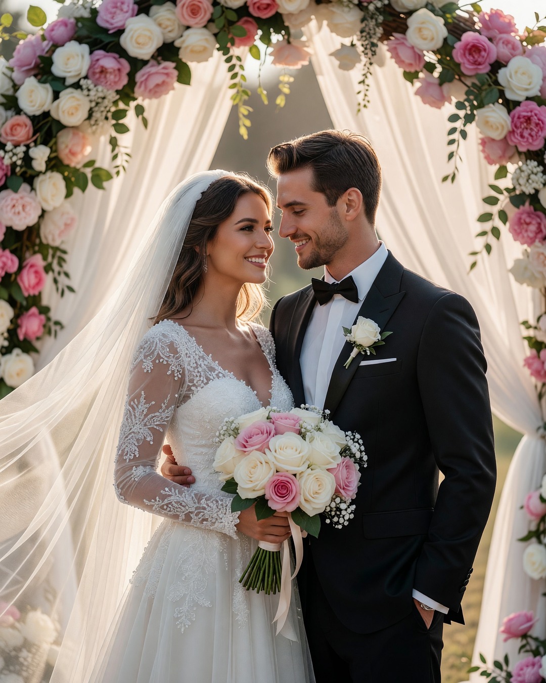 Pareja de novios sonriendo el día de su boda