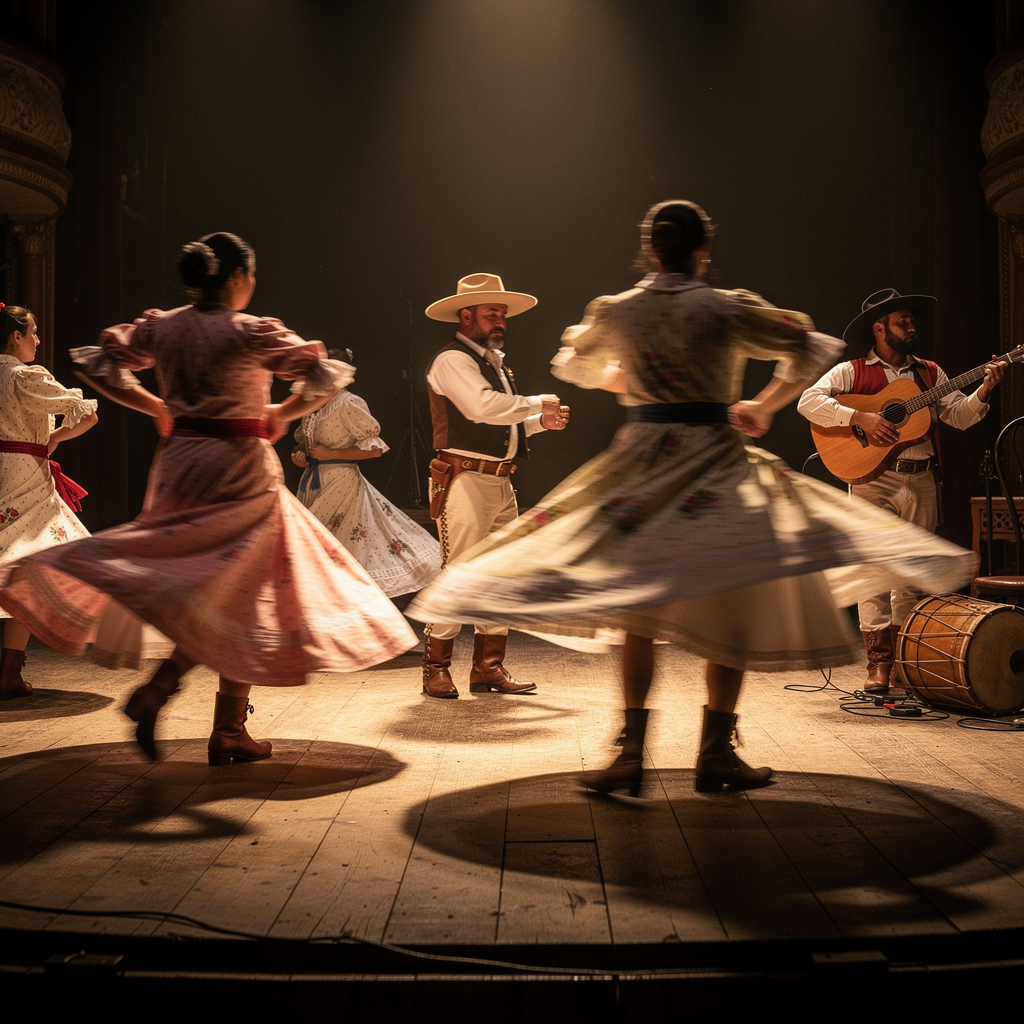 Bailarines de folklore criollo bailando chacarera en un escenario
