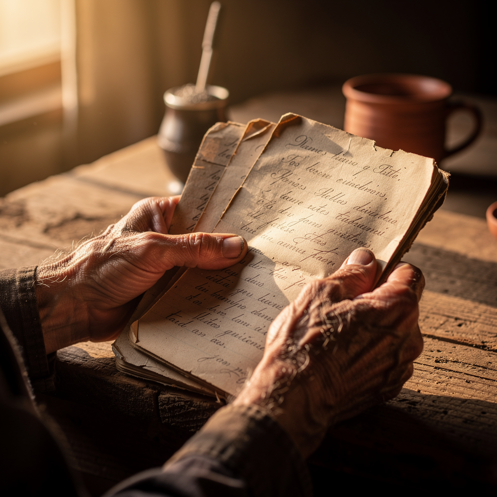 Manos sosteniendo un cuaderno antiguo con anotaciones sobre una mesa de madera