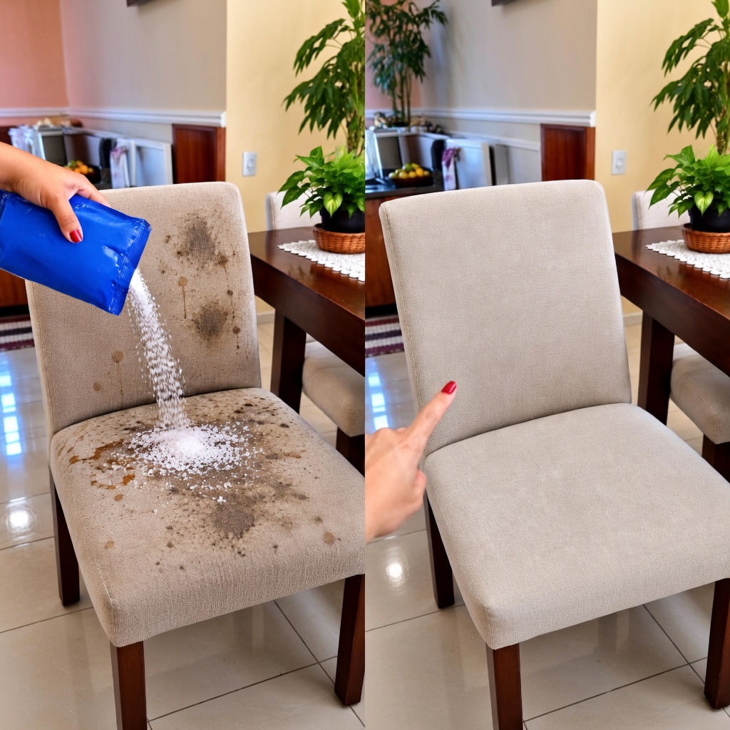 Silla tapizada beige antes y después de quitarle una mancha con sal y detergente