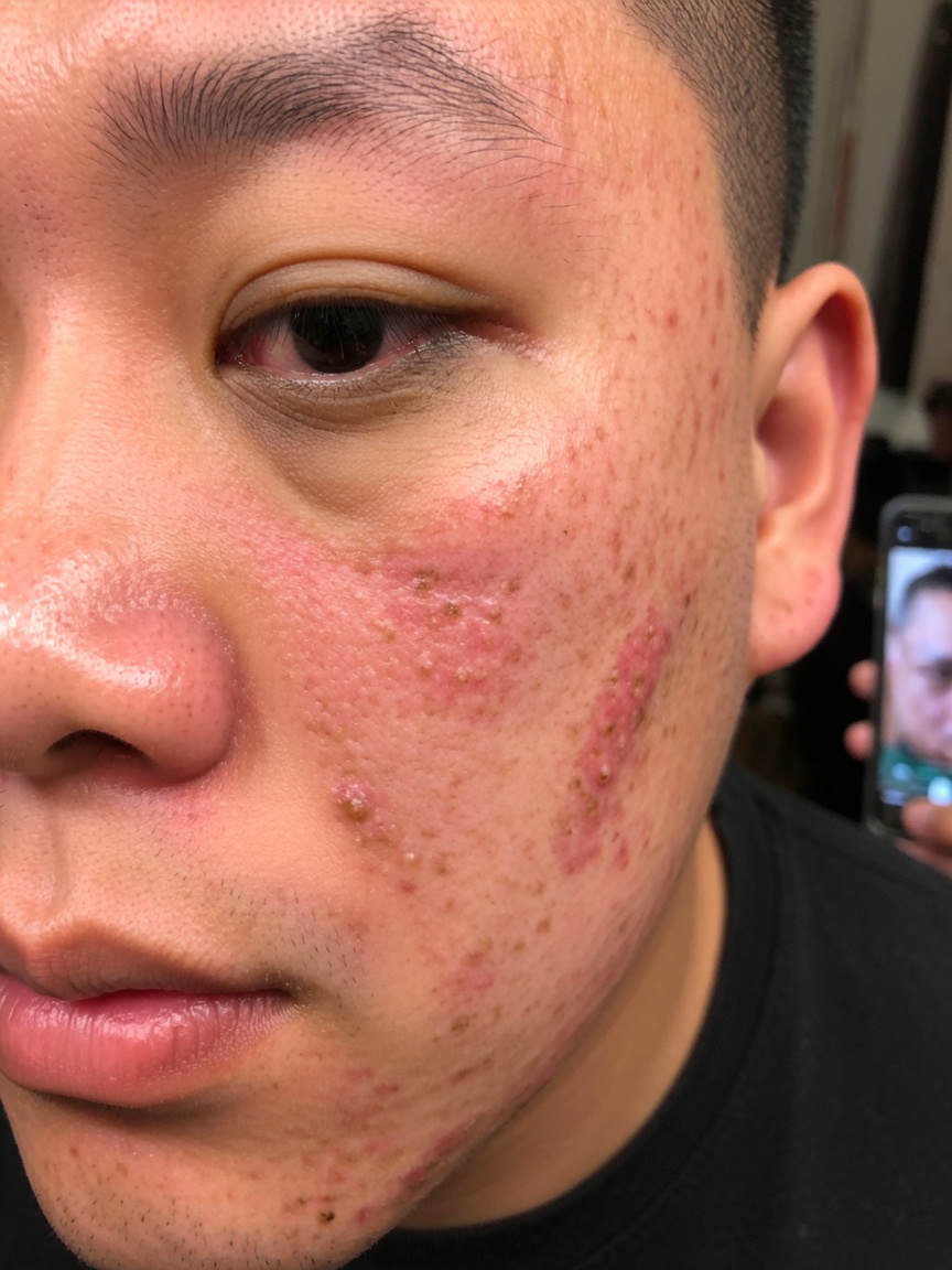 Primer plano de piel del rostro con poros visibles y una leve irritación cerca del contorno de ojos