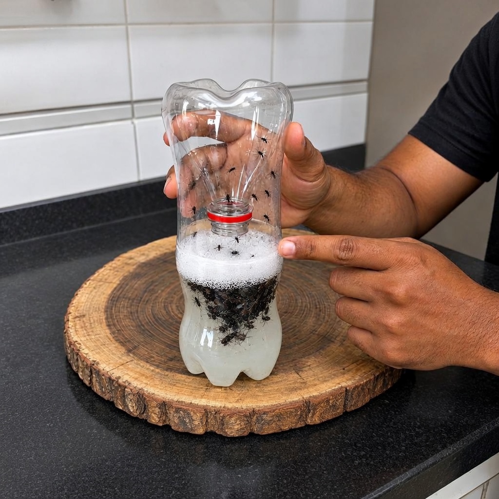 Botella plástica cortada usada como trampa casera para moscas, llena de una mezcla con moscas atrapadas