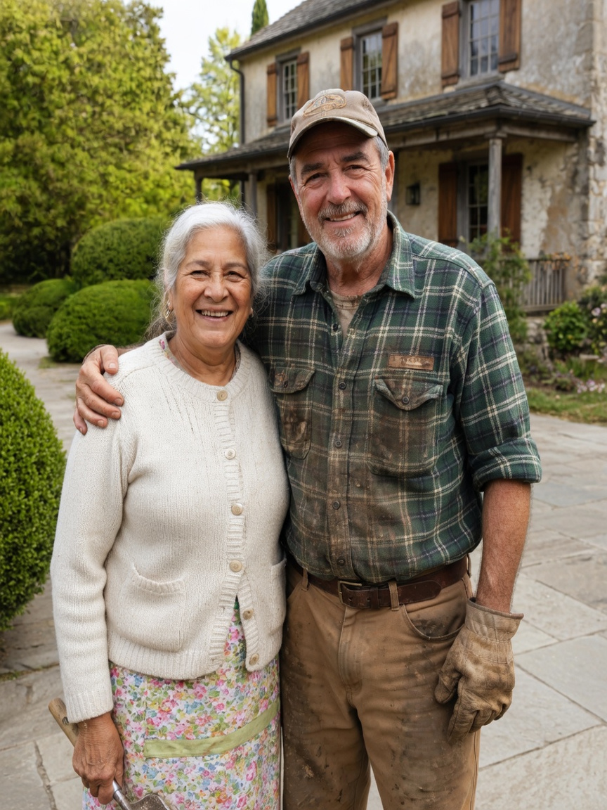 Un jardinero de mediana edad y una mujer mayor sonríen juntos frente a una casa de campo