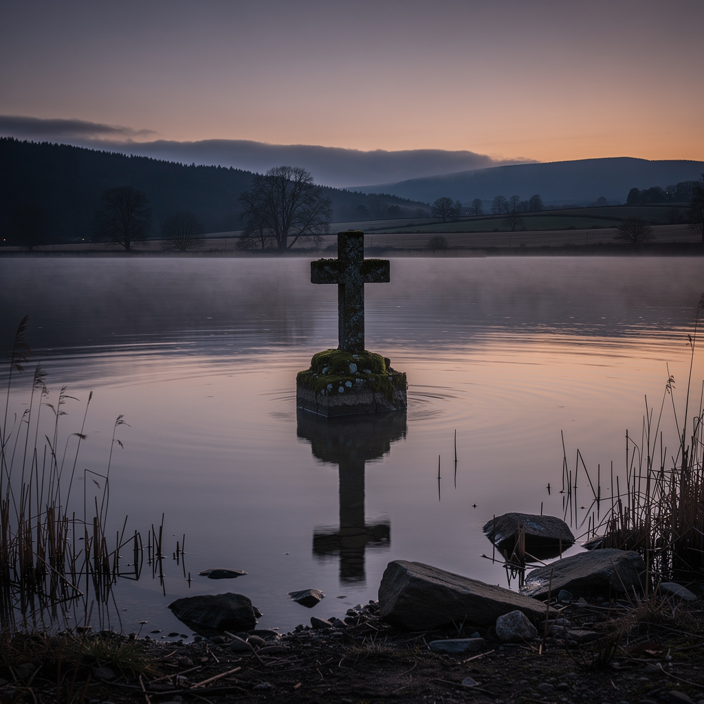 Cruz de una iglesia vieja emergiendo del agua de un embalse al atardecer