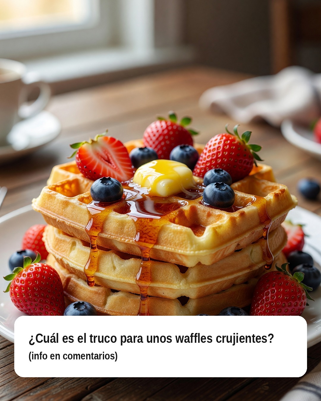 Waffles dulces dorados con frutas, miel y mantequilla en un plato para el desayuno