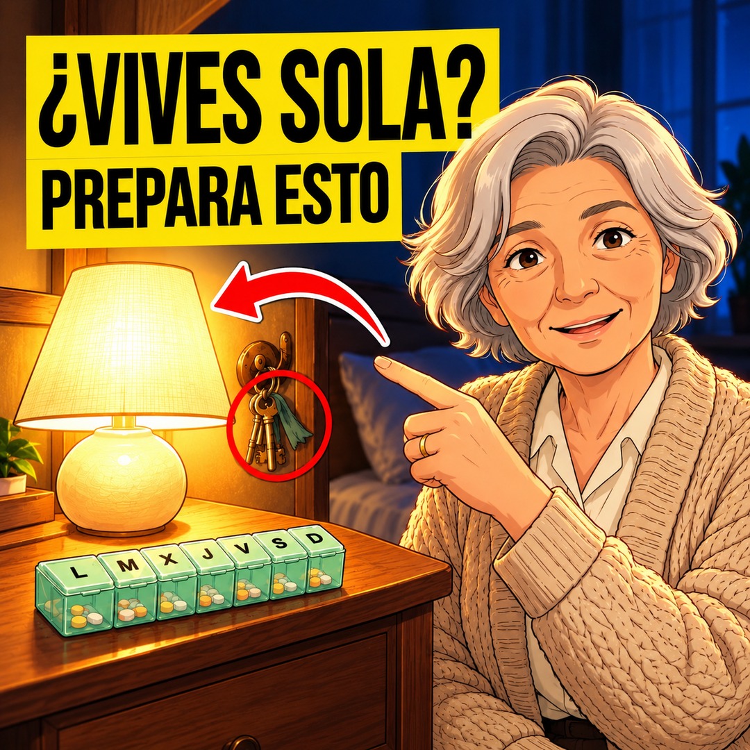 Mujer mayor sonriendo junto a una mesita de noche con lámpara y pastillero