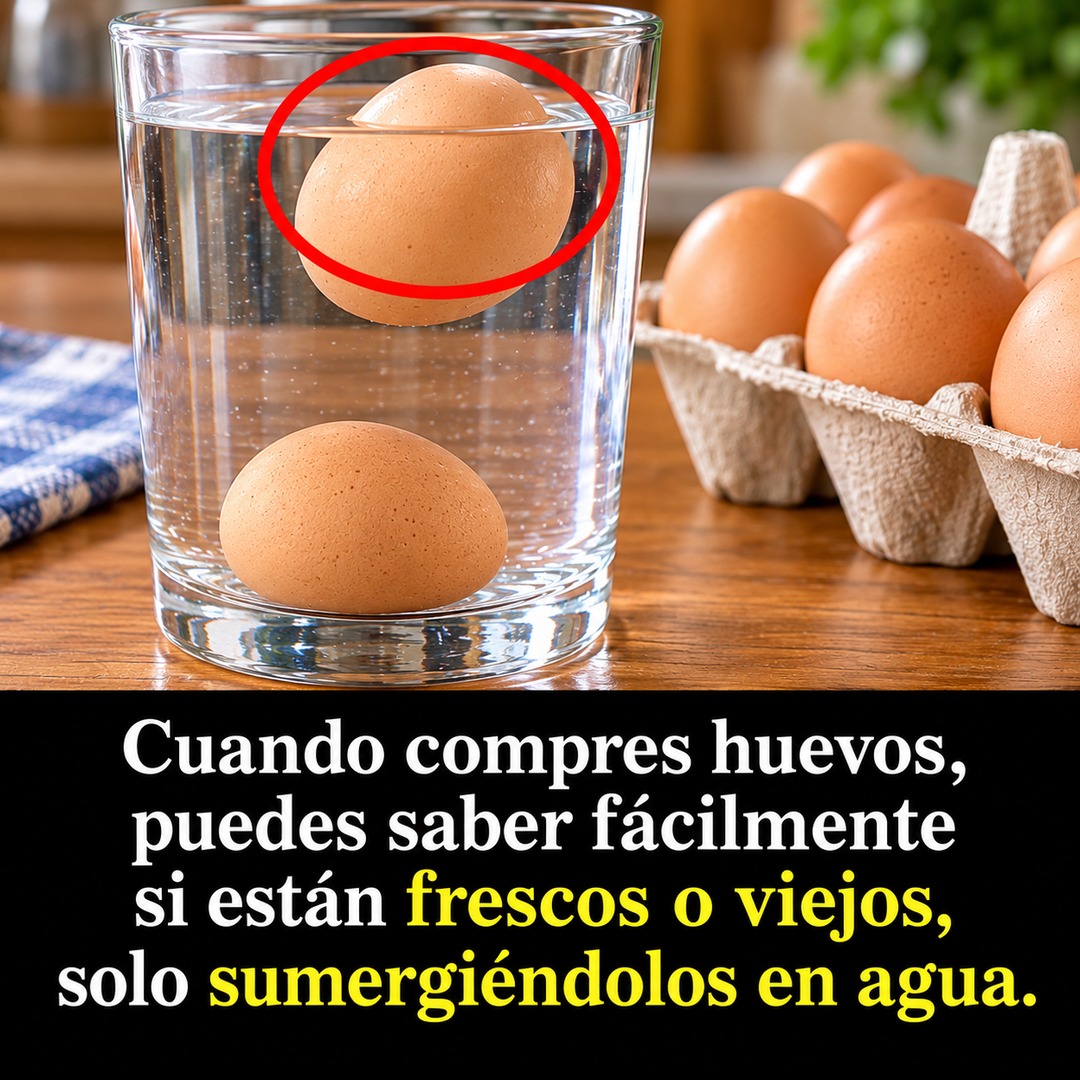 Vaso transparente con agua y huevos, uno hundido en el fondo y otro flotando, con un círculo rojo marcando el que flota