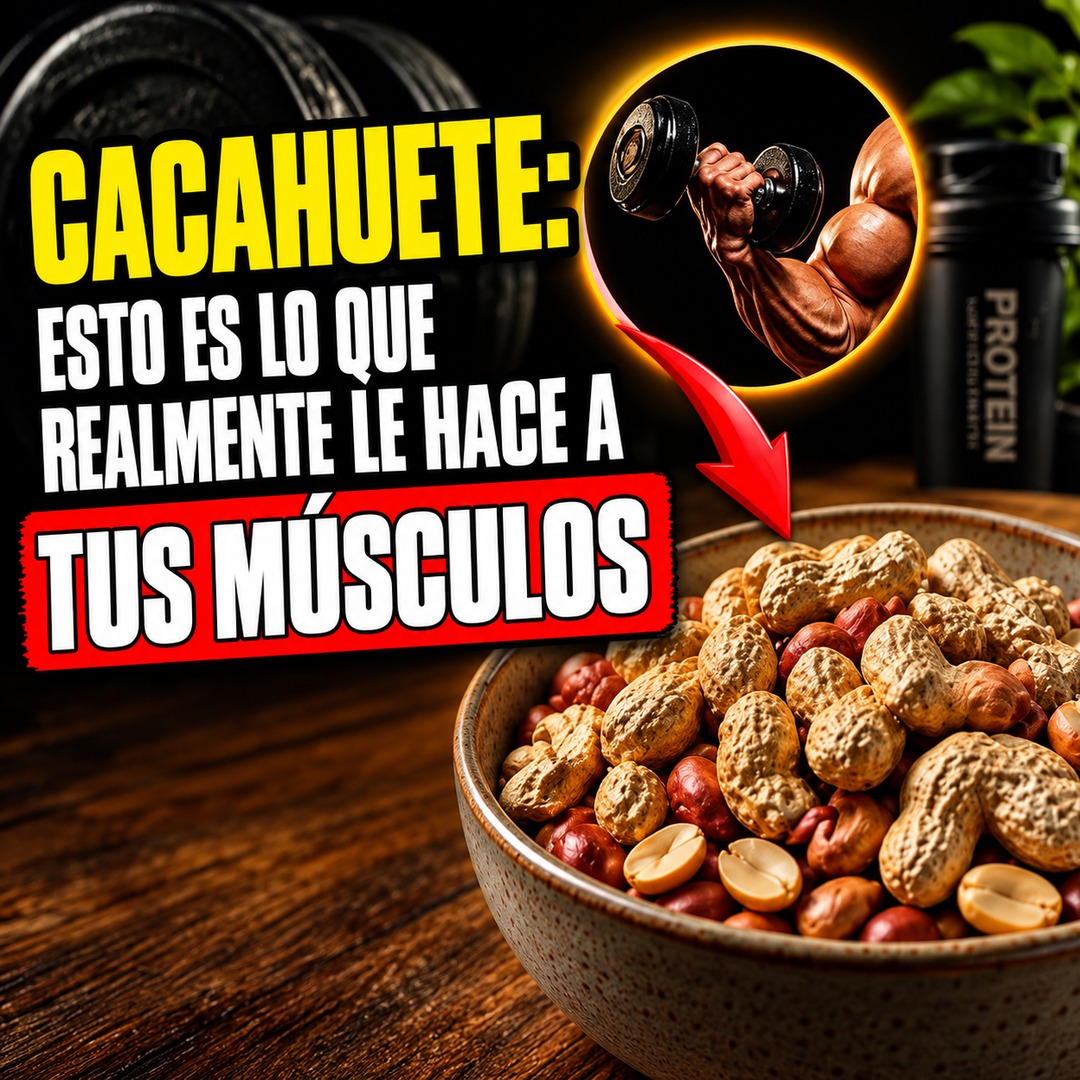 Cuenco de cacahuetes con una ilustración de un brazo musculoso junto a un bote de proteína