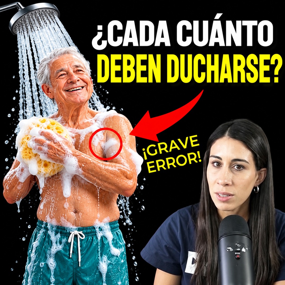 Hombre mayor sonriendo mientras se enjabona bajo la ducha