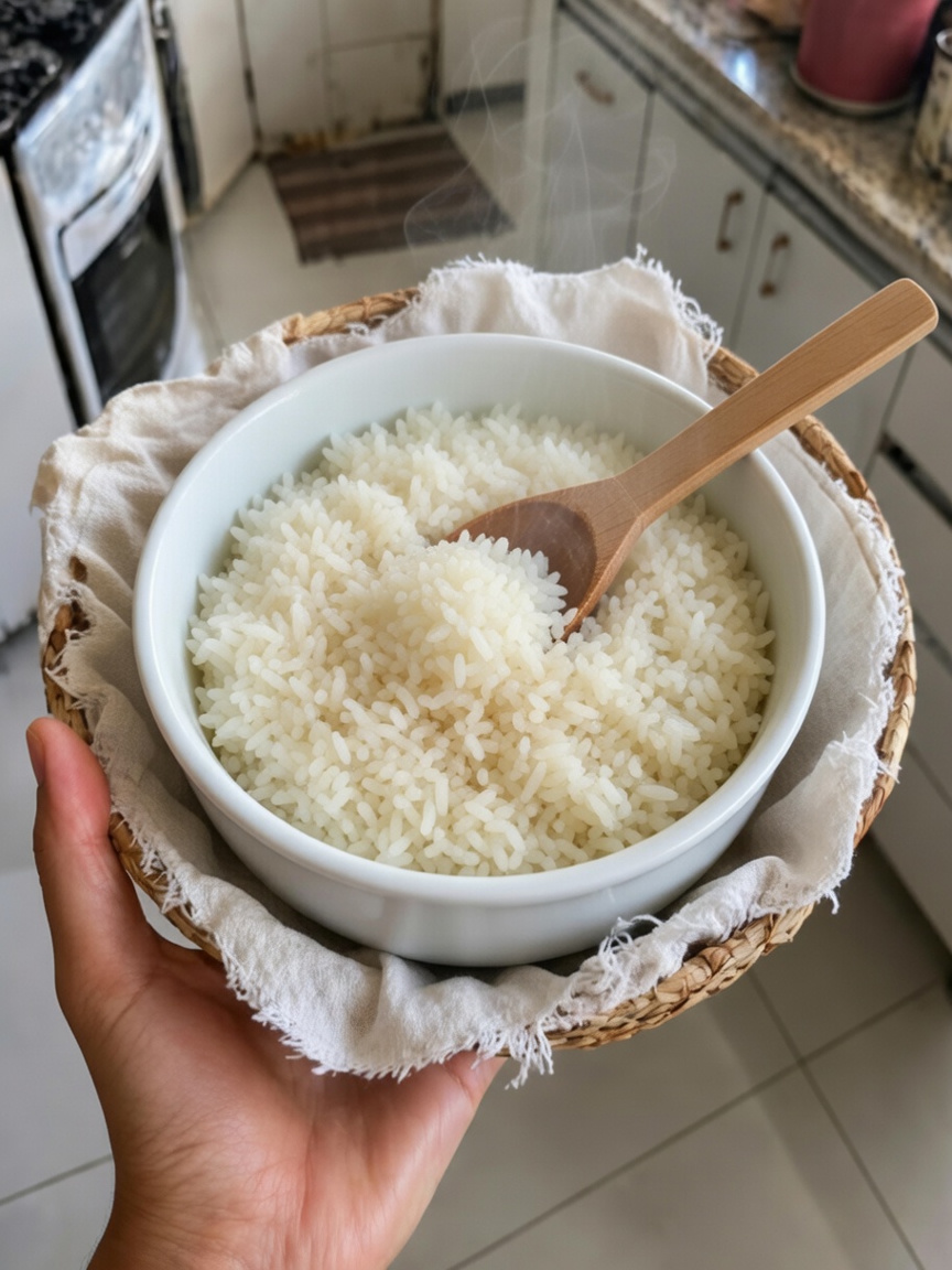 Mano sosteniendo un recipiente con arroz blanco recién cocido en una cocina luminosa