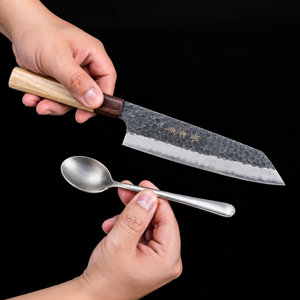 Mano sosteniendo un cuchillo de cocina de hoja martillada y otra mano con una cuchara metálica sobre fondo negro