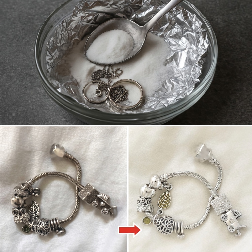 Joyas de plata en un bol con papel aluminio y bicarbonato, y una pulsera de plata antes y después de limpiarla