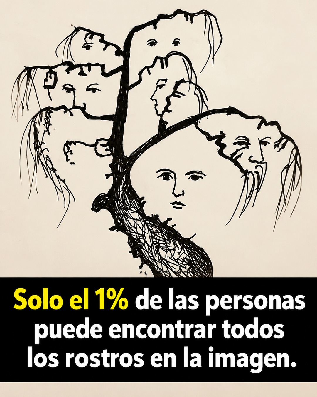 Dibujo en tinta de un árbol cuyas ramas y tronco esconden varios rostros humanos