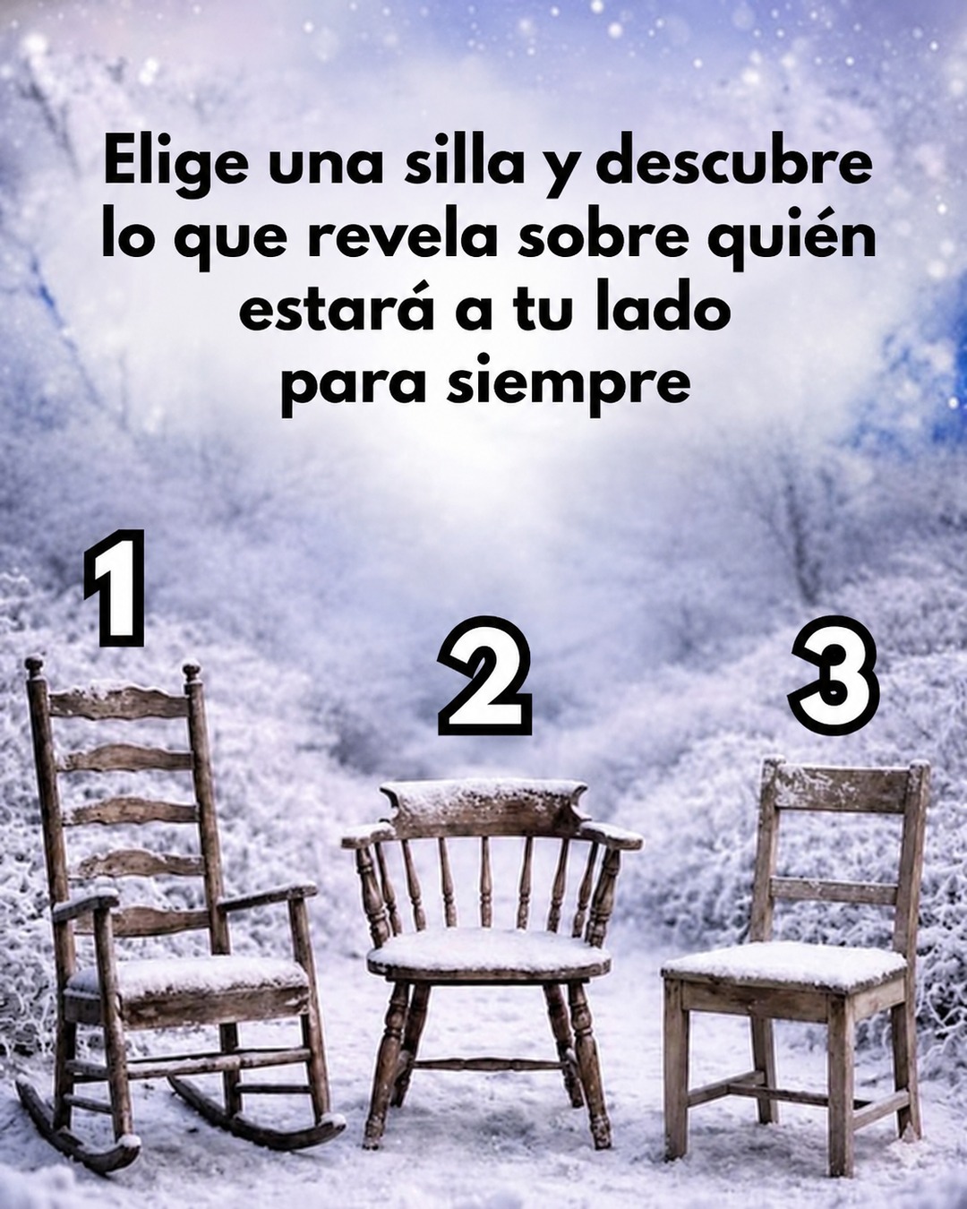 Tres sillas de madera numeradas sobre un paisaje nevado