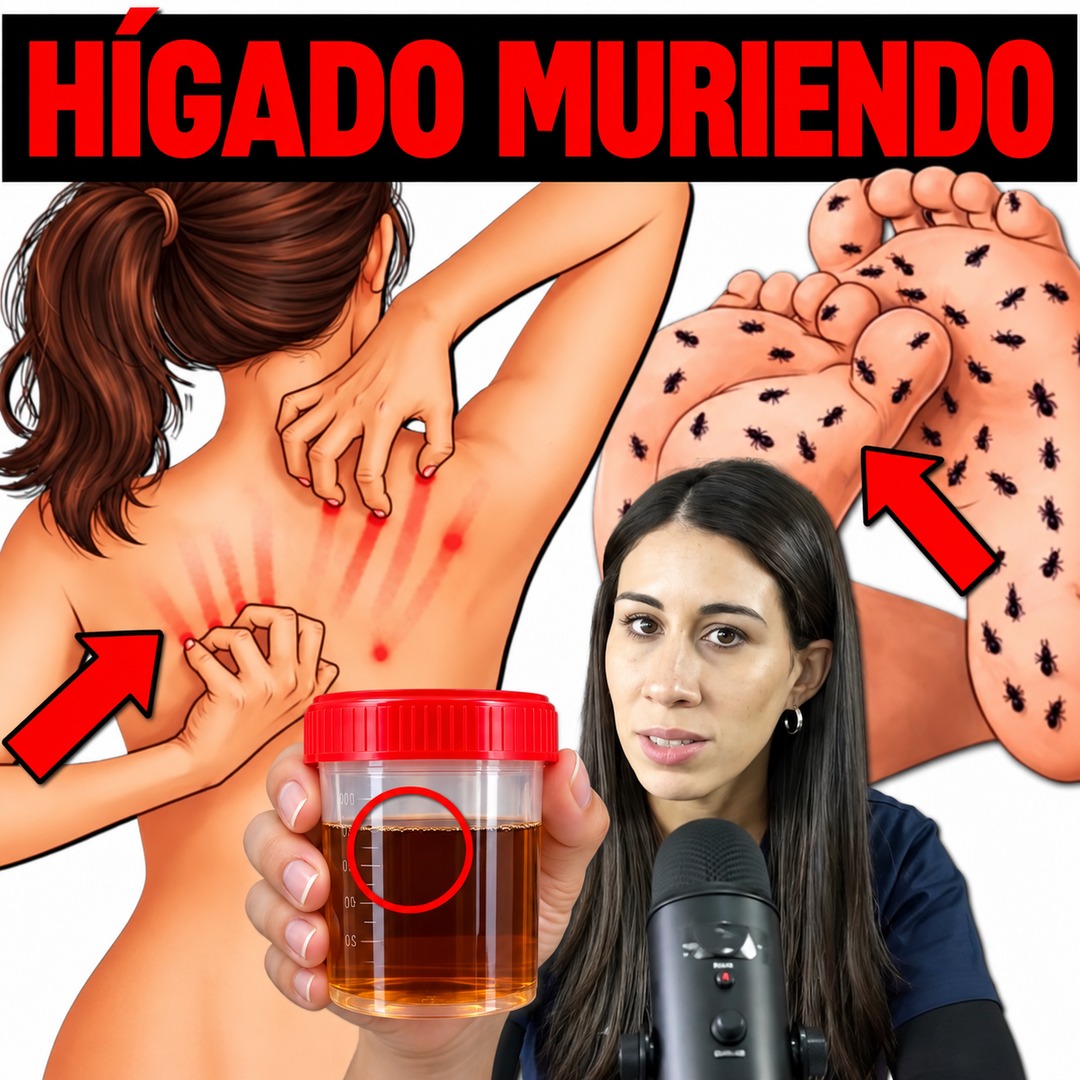 Ilustración de un hígado y señales de alerta en el cuerpo