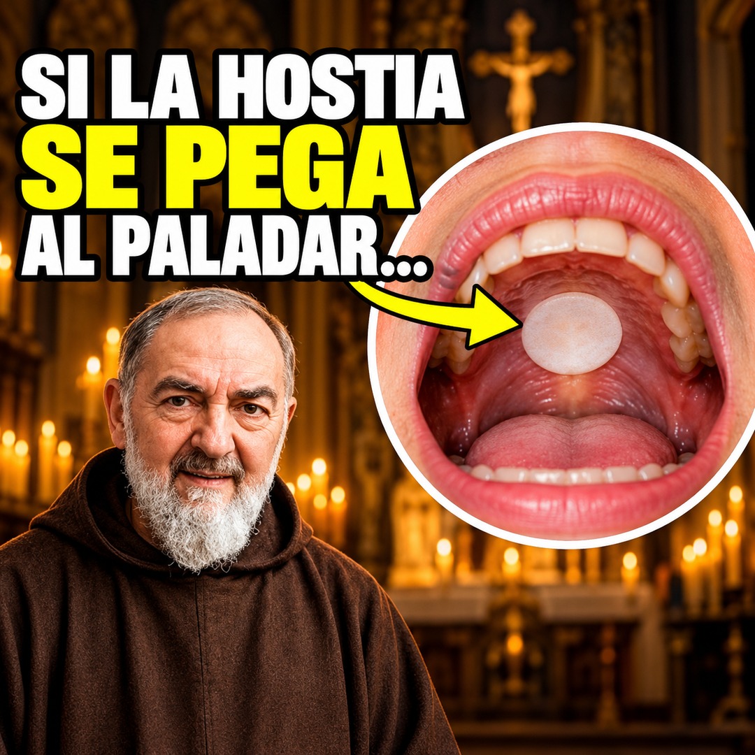 Padre Pío en una iglesia iluminada por velas junto a una hostia pegada al paladar