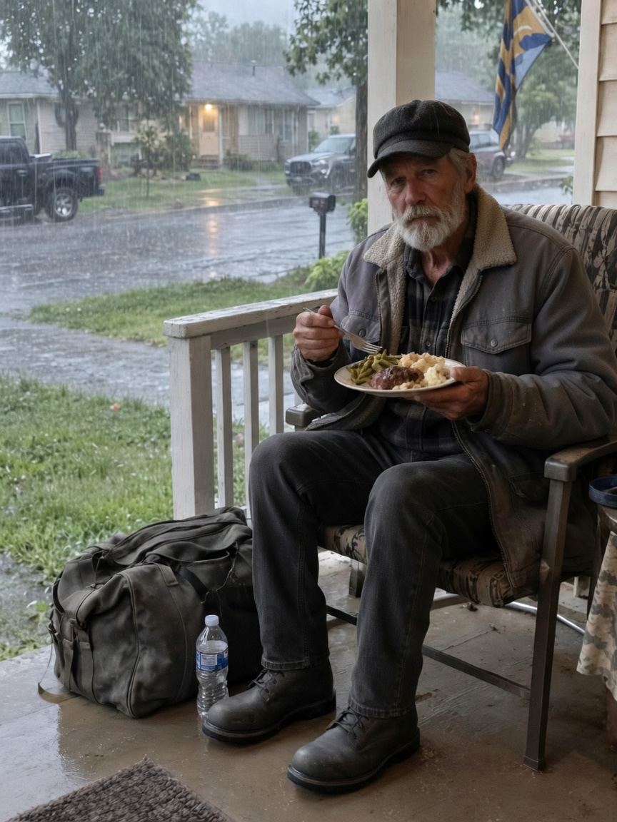 Anciano de barba blanca con gorra sentado en el porche de una casa bajo la lluvia, comiendo un plato de comida, con una mochila a sus pies