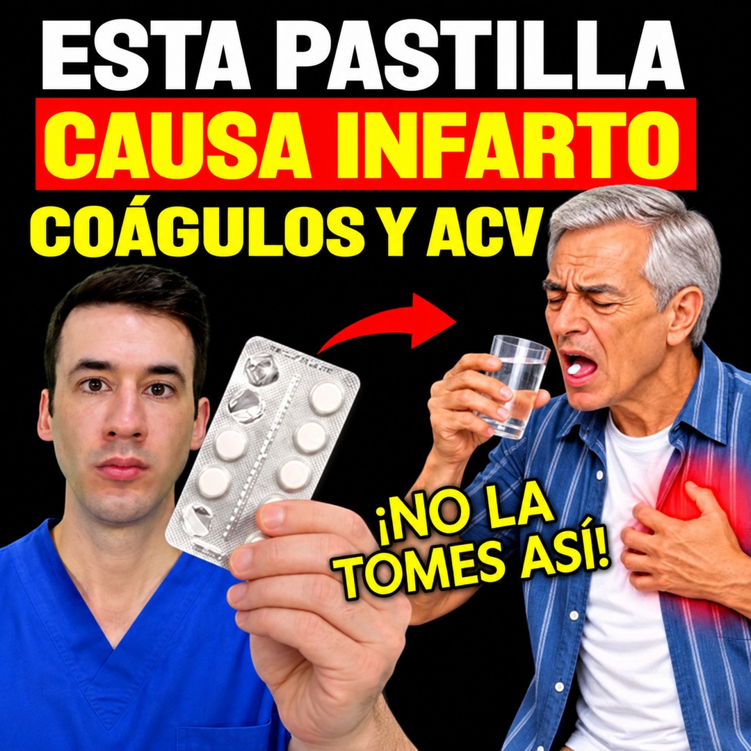Médico sosteniendo un blíster de pastillas junto a un hombre mayor que se lleva la mano al pecho
