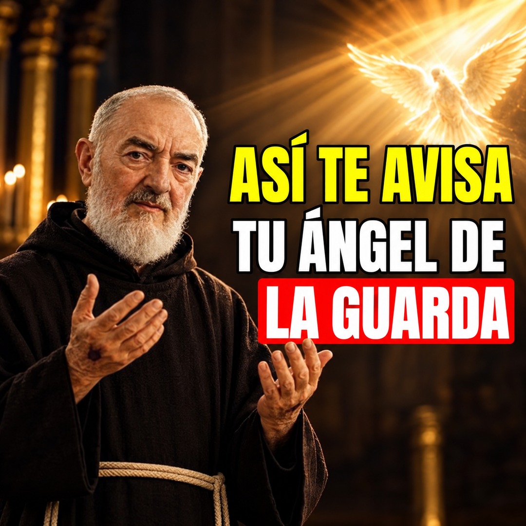 Padre Pío con las manos abiertas y un ángel de luz sobre él