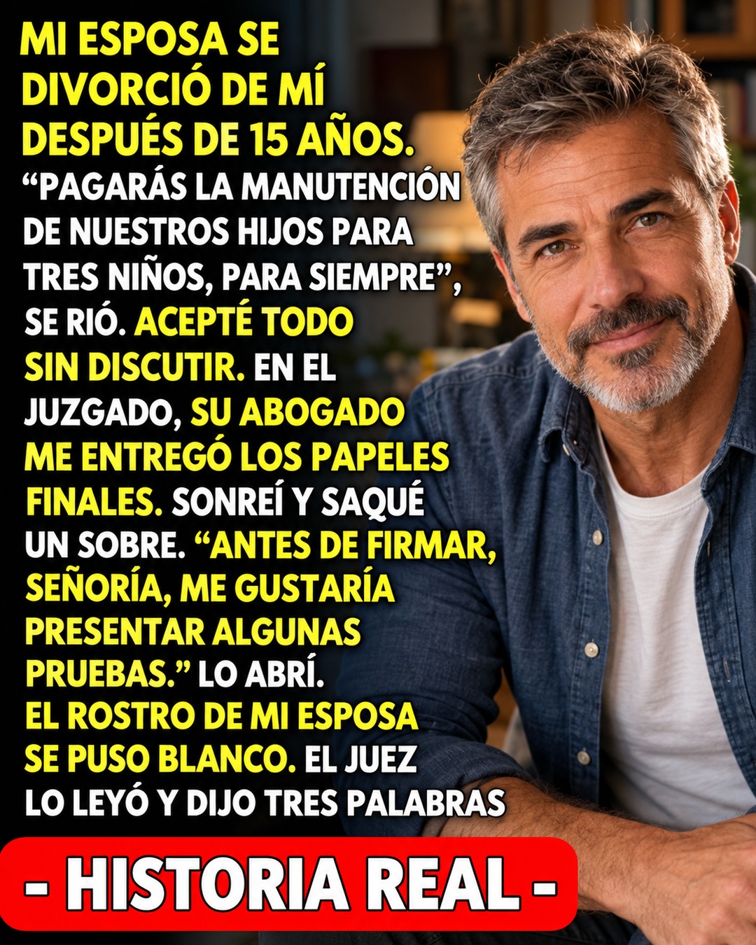 Hombre mayor de barba gris con una camisa verde, en una miniatura con texto sobre un divorcio y un sobre