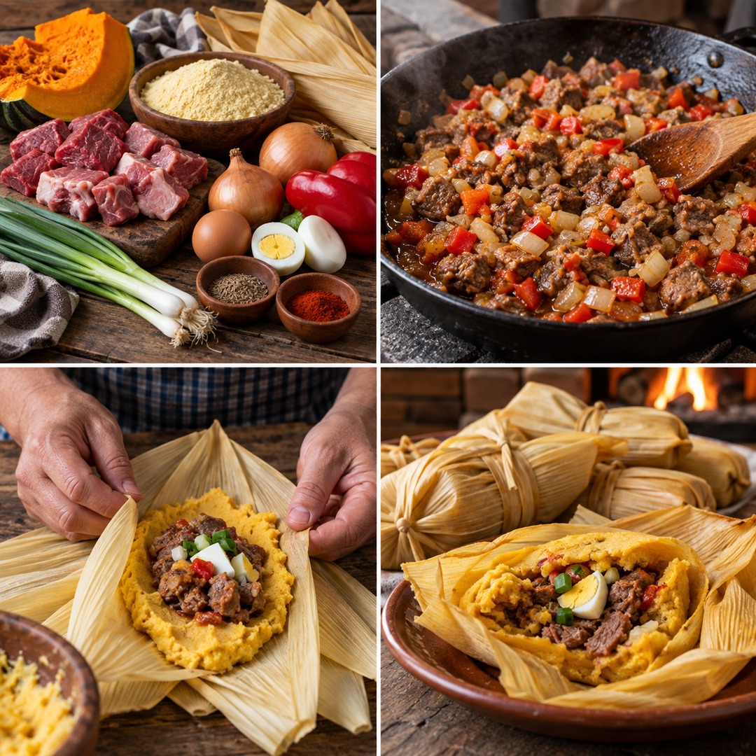 Tamales santiagueños envueltos en chalas de choclo y atados con tiras de hoja