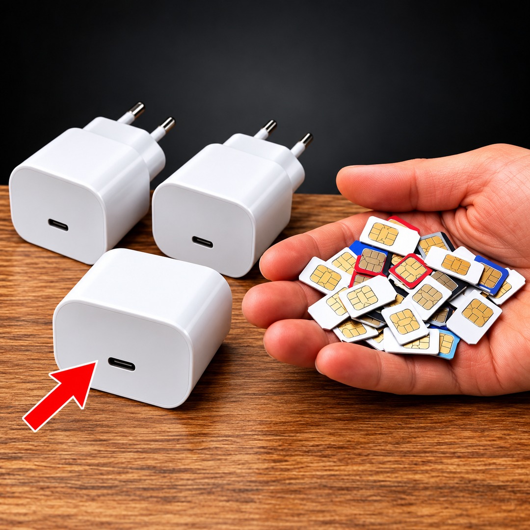 Tres cargadores de pared blancos sobre una mesa de madera y una mano sosteniendo varias tarjetas SIM