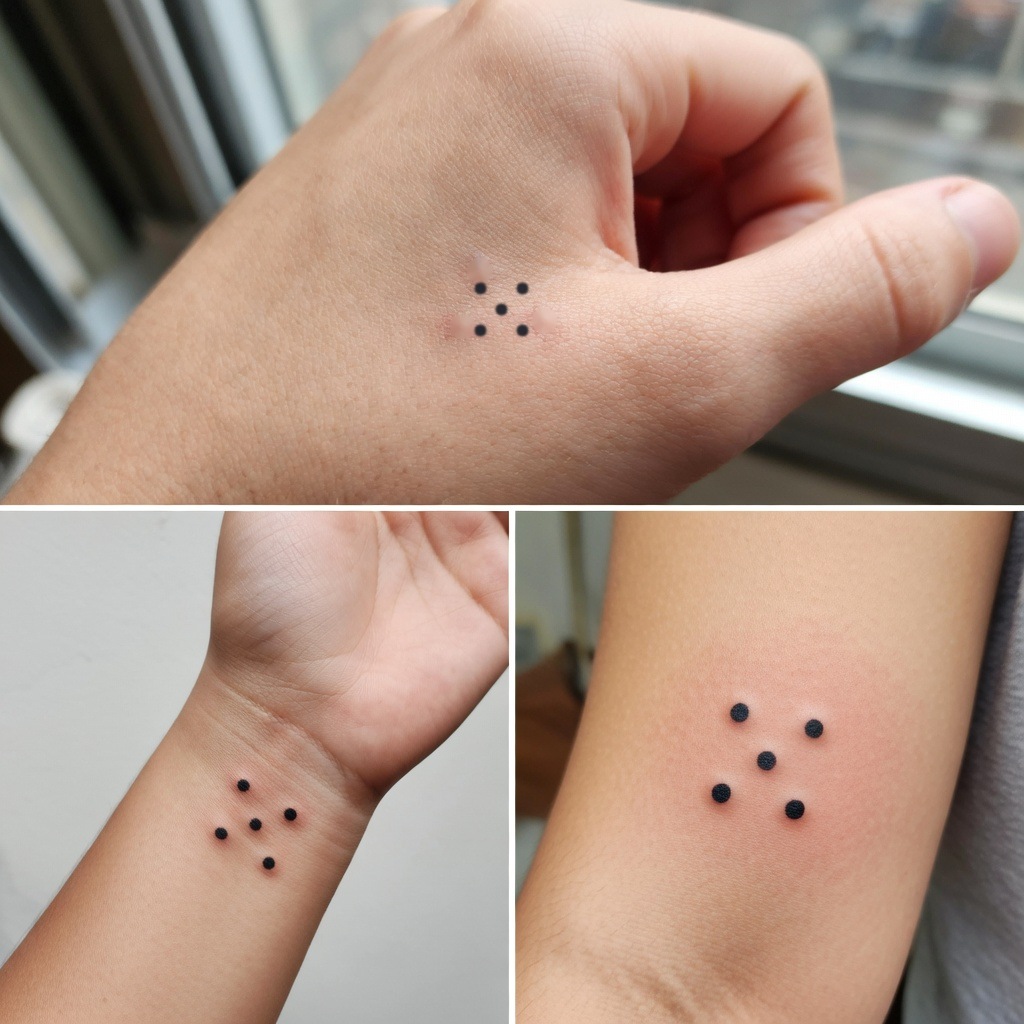 Collage de tres fotos de tatuajes minimalistas de cinco puntos en la mano, la muñeca y el brazo
