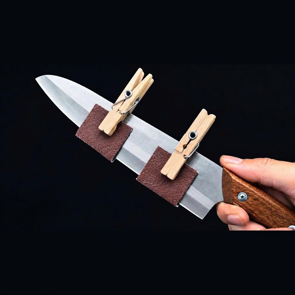 Cuchillo de cocina con dos trozos de papel de lija sujetos a la hoja con ganchos de ropa de madera sobre fondo negro