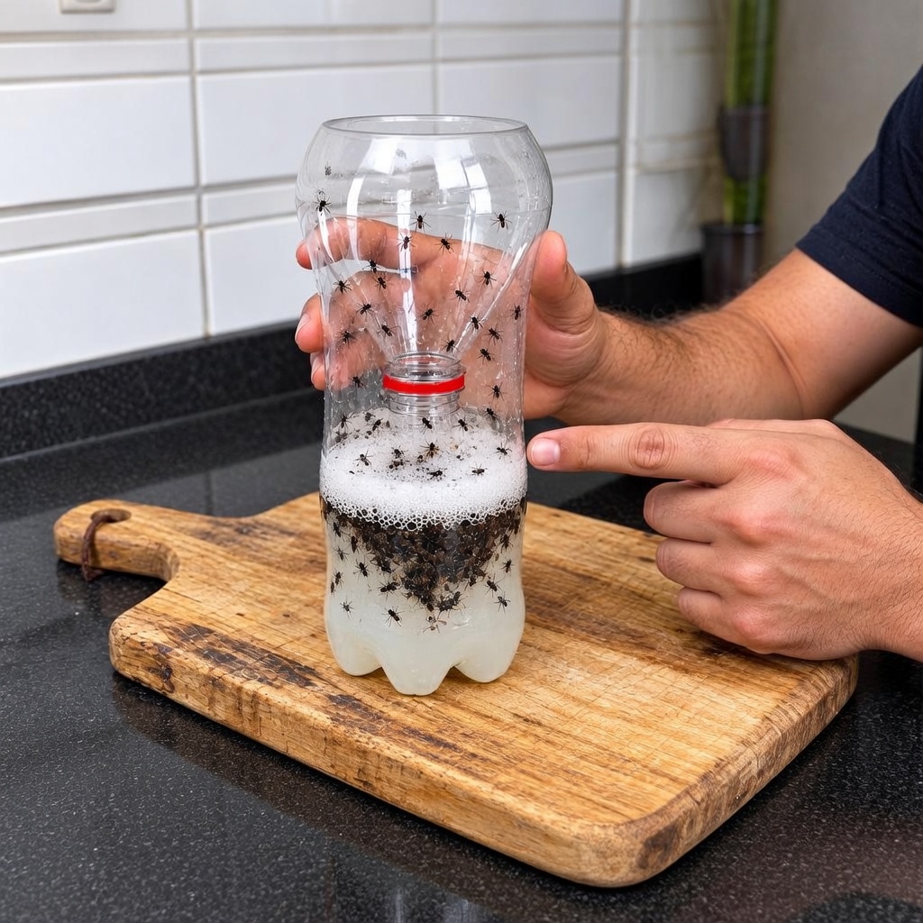 Botella de plástico cortada, usada como trampa casera, con moscas atrapadas en el líquido