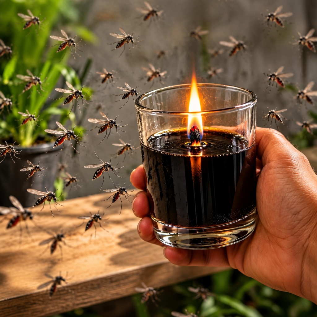 Mano sosteniendo un vaso de vidrio con una vela casera encendida rodeada de mosquitos